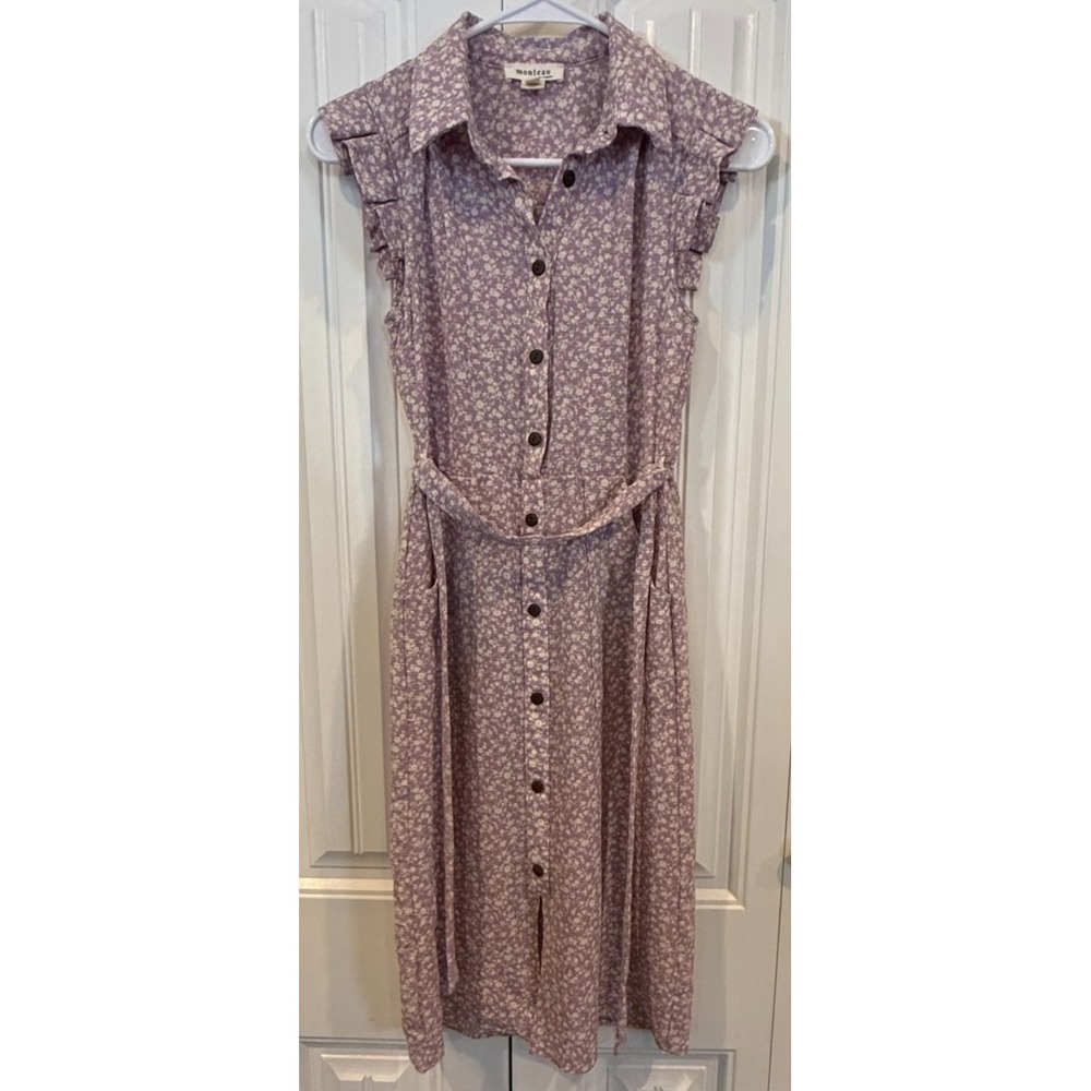 Monteau Los Angeles Women's Small Floral Shirt Dress Purple Ruffle Sleeve Cottag
